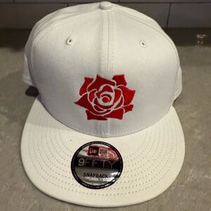White Snapback Cap with Red Rose Embroidery